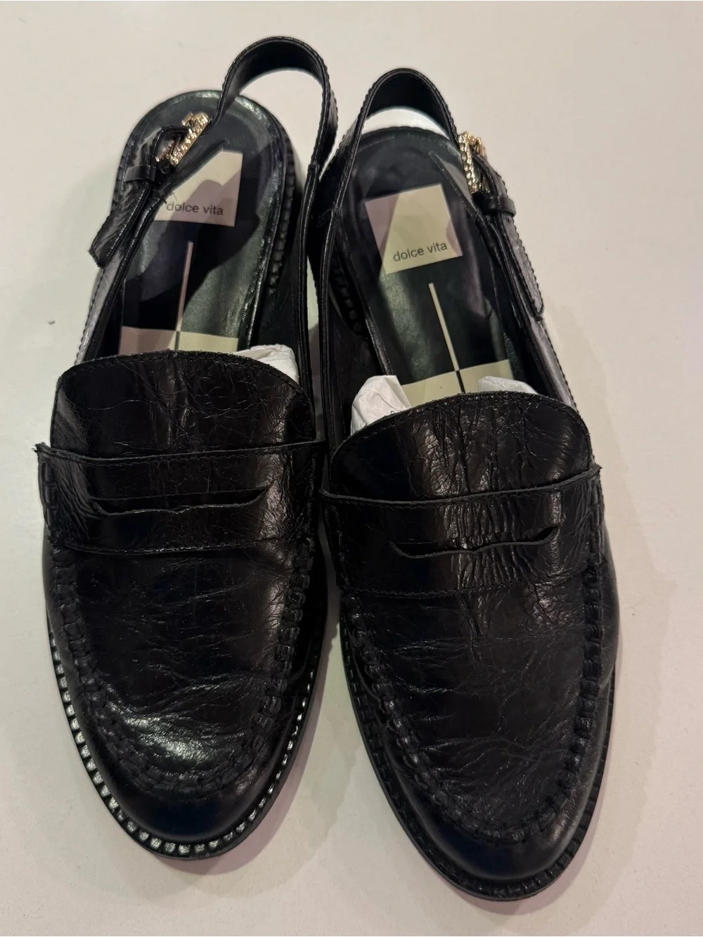 Dolce Vita Black Crinkle Leather Penny Loafer Slingback
